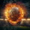 Dynamic shot soccer ball engulfed in flames flies over stadium