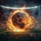 Dynamic shot soccer ball engulfed in flames flies over stadium