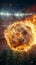 Dynamic shot soccer ball engulfed in flames flies over stadium