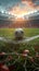 Dynamic soccer stadium scene with ball ready for intense game