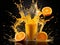 Dynamic splash of orange juice around glass with fresh oranges on reflective black surface