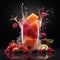 Dynamic Sports Smoothie Blend: Studio-lit Diagonal Arrangement, Bold Contrasts, Pouring Focus, Close-up Fruit Details, Layered