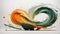 Dynamic Swirl of Orange and Green Paint Captured in Mid-Stroke Against a White Background. Generative AI.