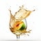 Dynamic Tequila Splash On Green Peach: Hd Image On White Background