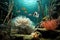 dynamic underwater scene of anemonefish and sea anemone