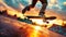 Dynamic urban skateboarding action at sunset with motion blur and rich warm hues