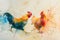 Dynamic watercolor duo of farm roosters.