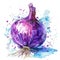 Dynamic watercolor illustration of a purple onion with energetic splashes of color