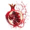 A dynamic watercolor painting of a pomegranate cut open with seeds