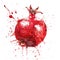 A dynamic watercolor painting of a pomegranate cut open with seeds