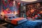 Dynamic world of pop art infused bedroom, where colorful bedding and a touch of nostalgia