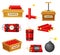 Dynamite bombs set. Red dynamite sticks, detonator box and bomb with wick vector illustration