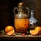 In the Dynasty era painting style, a bottle of orange juice is depicted in a striking manner.