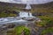 Dynjandi foss cascade waterfall with mossy canyon, stunning panoramic view, landscape of westfjords, Iceland