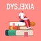 Dyslexia Disorder, Disease Diagnosis Concept. Tiny Student Male Character with Textbook Sit on Top of Huge Books Pile