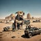 Dystopian abstract scene of junkyard dog in desert