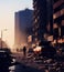 Dystopian city in sunset with abandoned cars and garbage scattered across the street, generative ai