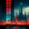 dystopian cyberpunk cityscape in red, cyan and black colors, neural network generated art