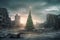 dystopian future, where a lone christmas tree stands in the ruins of a deserted city