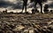 Dystopian industrial landscape with destroyed metal struts in foreground and chimneys, whose black smoke pollutes the environment