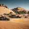 Dystopian scene of rusted old wrecked cars in desert dune setting