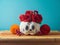 D­a de los Muertos day of the dead holiday concept. Sugar skull Halloween pumpkin and Mexican party decorations on wooden table