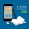 E-book Online Education Application learning on phone, mobile, website. With blank book cover white paper open on background. Vect