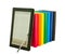 E-book reader with stack of printed books