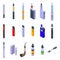 E-cigarette accessories icons set isometric vector. Liquid cotton