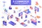 E-commerce bundle of isometric elements. Internet marketplace, atm terminal, online shopping, credit card payment