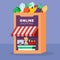 E - commerce, grocery online shopping on smartphone screen with fresh food, vegetable and fruit products. Online supermarket