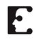 E e Logo logotype - English font upper case letter - human faces of cyborg robots, for computer theme, science etc