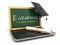 E-laerning education concept. Laptop with chalkboard, mortar boa