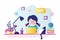 E-learning banner. Online education, home schooling. Modern workplace, girl preschooler student working on laptop