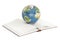E-learning concept, opened book with Earth globe. 3D rendering