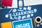 E-learning online school vector banner. E-learning text with computer elements and school items