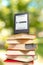 E-learning and reading. E-book reader is at the top of the stack of books. The Park is blurred in the background. Concept of