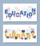 E-learning school vector illustration banners. Flat people learn and share new technology near letters