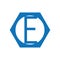 E logo with a blue octagon frame shape