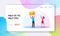 E-mail Communication Landing Page Template. Characters Sending or Getting Messages. Tiny Man Giving Huge Yellow Envelope