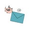 E-mail concept. New letter. A cute pink-gray bird with a letter in beak. Symbol of modern email or messenger.