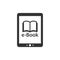 E reader device with open book and e-book text.