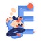 E sports concept illustration with young woman playing with controller, cat sleeping on back of chair and capital letter E