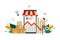 E-store profit loss, online shop decrease. E-marketing income crisis with small businessman concept vector flat illustration,