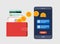 E-Wallet, Digital currency concept. Mobile top up with smartphone. Flat design illustration