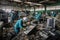 e-waste recycling facility, with workers sorting and dismantling old electronics