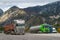 E45 Motorway, Austria - October 21, 2016: Trucks parked in a parking lot in the Alps.