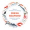 Eafood banner. Vector illustration in cartoon flat style. Various fish and marine animals. Round frame