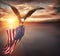 Eagle With American Flag Flies In Freedom At Sunset
