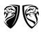 Eagle bird head in simple heraldic shield black and white vector emblem